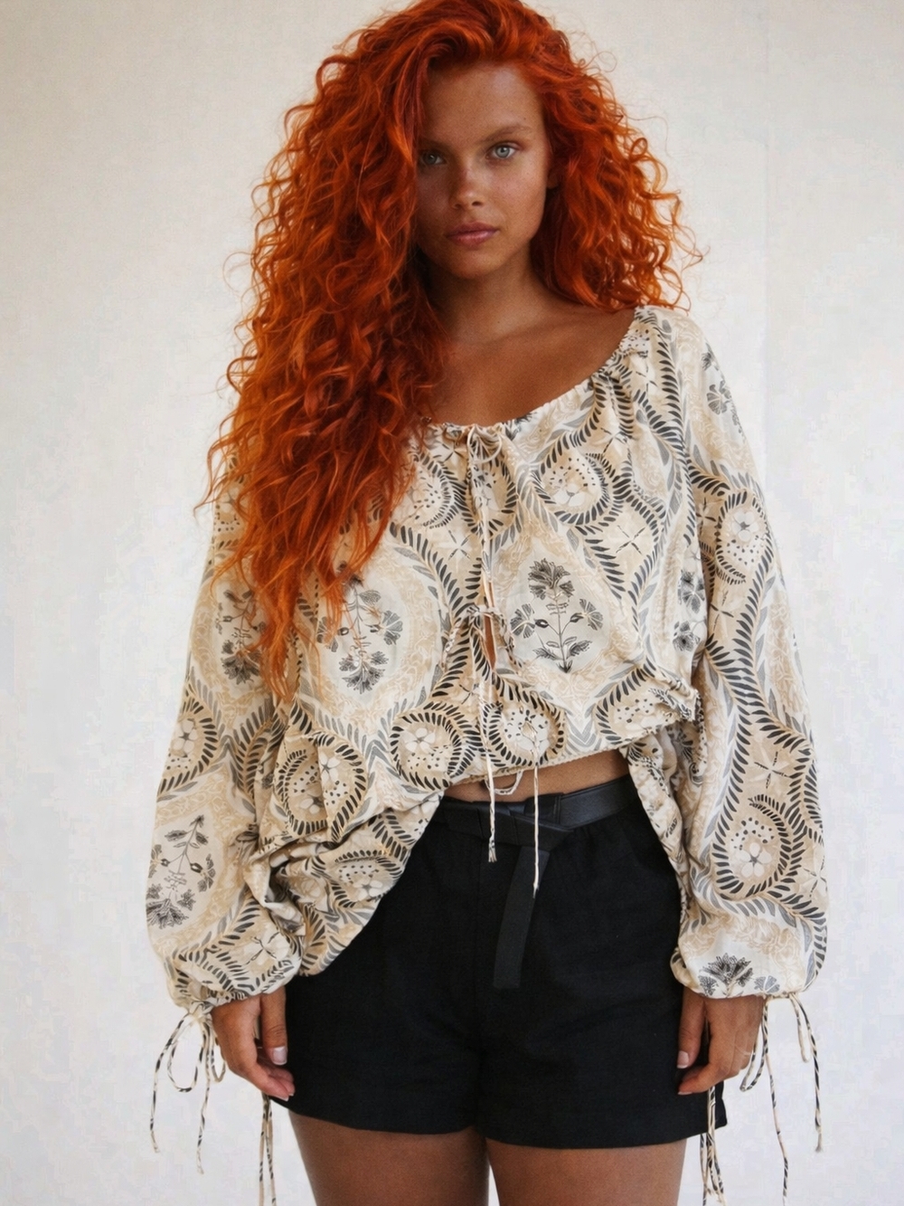 XL Bohemian Floral Drawstring Peasant Top in Cream